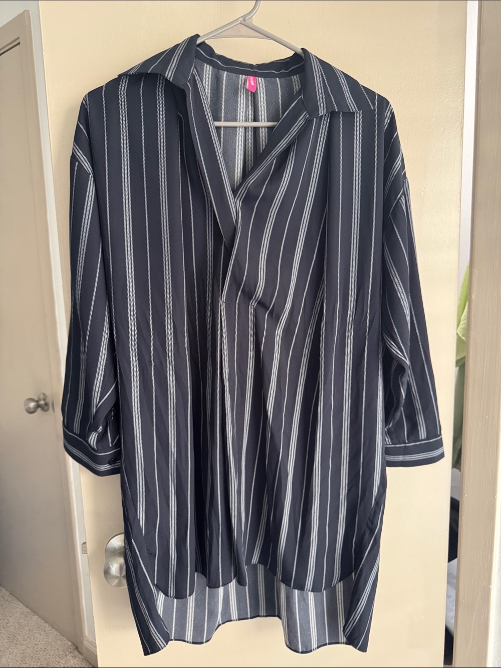 Pinkyotto Navy and White Vertical Stripe Oversized Blouse